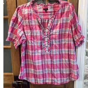 Talbots Womens Pink Plaid Cotton Ruffle Neck Button Front Tunic Top Size L